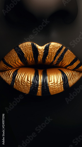 Tiger-Striped Golden Lips on Dark Skin, Bold and Fierce Look