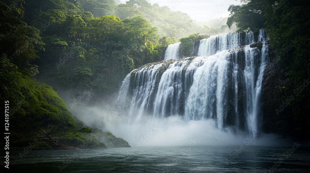 Fototapeta premium Majestic Waterfall Surrounded by Lush Greenery and Misty Atmosphere