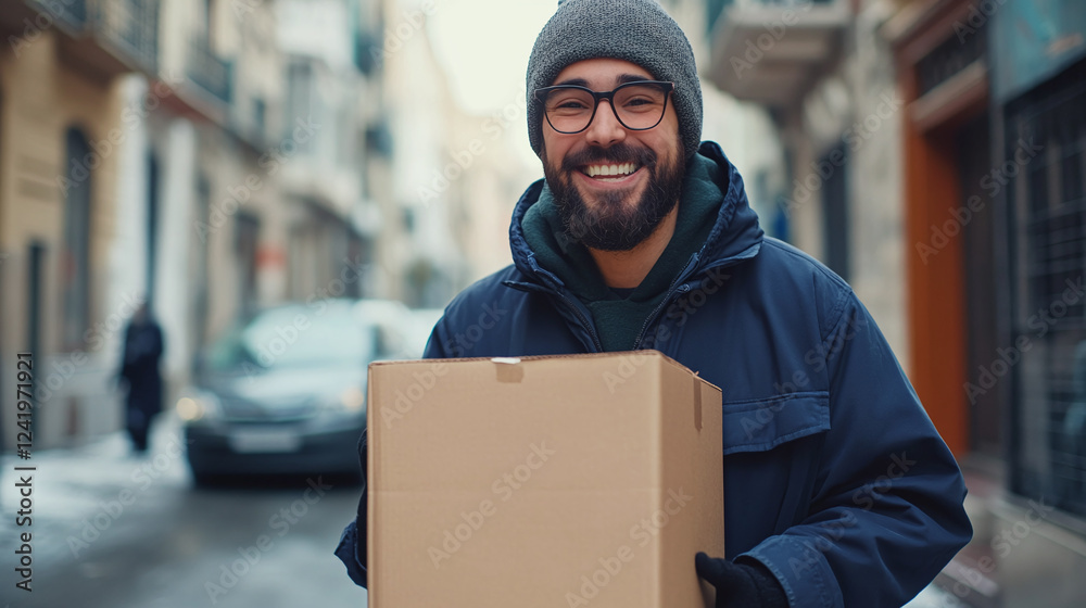 Smiling delivery man, carrying or holding a cardboard box. courier service or job career, happy male responsible for shipping, van full of orders packages, male employee. Smiling delivery man, carrying or holding a cardboard box. courier service or job career, happy male responsible for shipping, van full of orders packages, male employee.