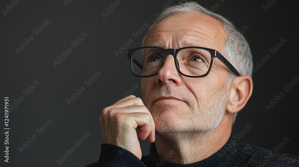 Senior man with gray hair, wearing glasses, looking to the side with a curious and thoughtful face expression. thinking of an idea to solve a problem, wise old man, smart aged grandpa, studio isolated Senior man with gray hair, wearing glasses, looking to the side with a curious and thoughtful face expression. thinking of an idea to solve a problem, wise old man, smart aged grandpa, studio isolated