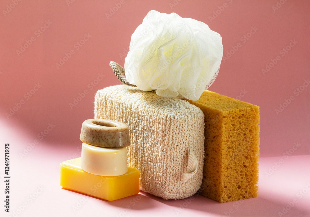 Set of bath accessories, sponges of different sizes and shapes and handmade soap on a pink background.