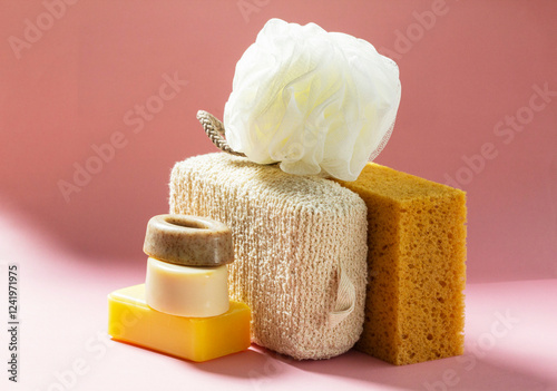 Obraz na płótnie Set of bath accessories, sponges of different sizes and shapes and handmade soap on a pink background. w salonie