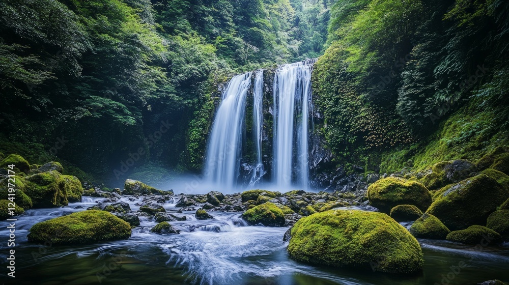 Fototapeta premium Serene Waterfall Cascading Into Lush Green Forest Landscape