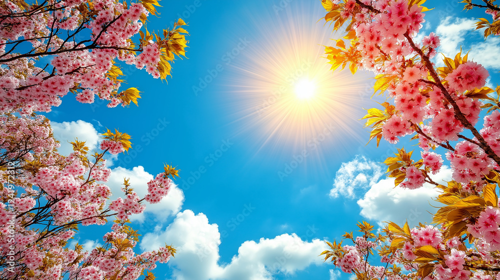 Beautiful Cherry Blossoms Under a Bright Blue Sky with Sunshine Beautiful Cherry Blossoms Under a Bright Blue Sky with Sunshine