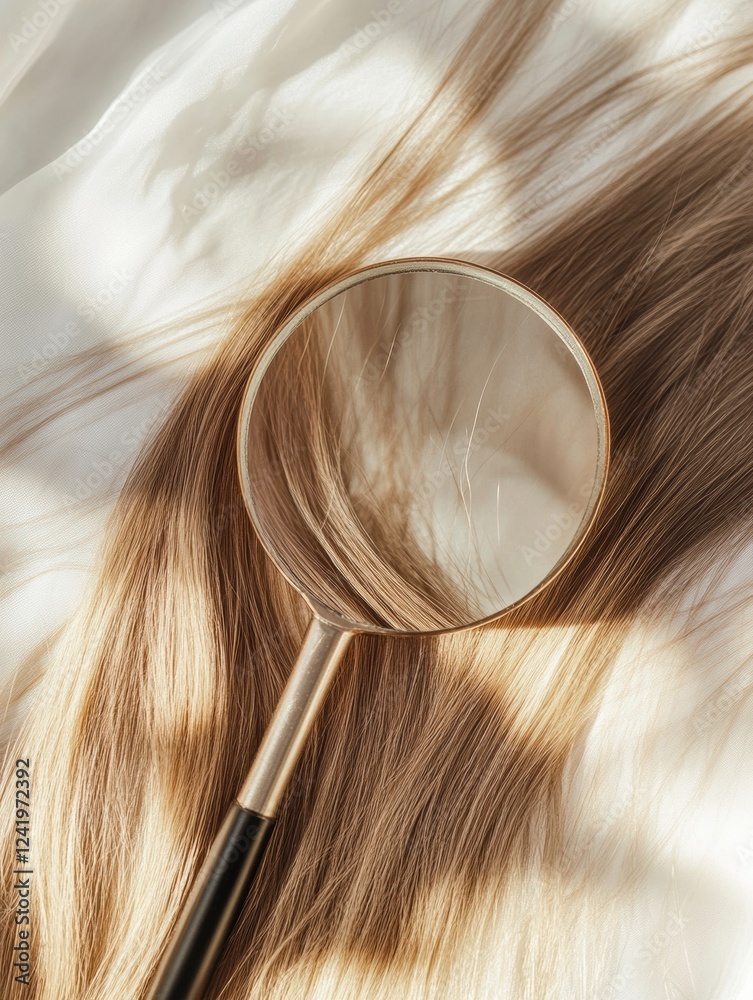 Fototapeta premium Magnifying glass reveals intricate details of a damaged hair strand on soft fabric surface in bright lighting. Generative AI