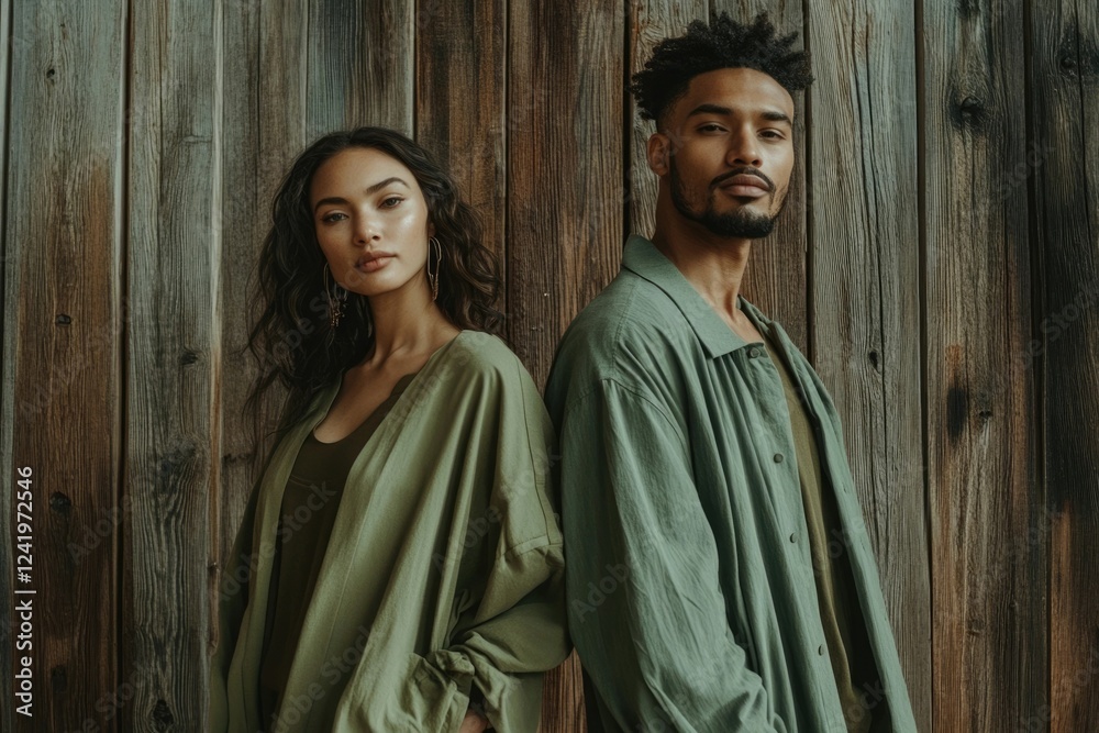 Naklejka premium A stylish couple poses against a rustic wooden backdrop, showcasing their coordinated green outfits.