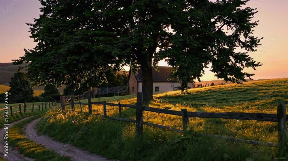 Beautiful sunset over rural countryside path with wooden fence and large oak tree. Golden hour on green rolling hills with farmhouse in background. Summer evening landscape in nature Beautiful sunset over rural countryside path with wooden fence and large oak tree. Golden hour on green rolling hills with farmhouse in background. Summer evening landscape in nature