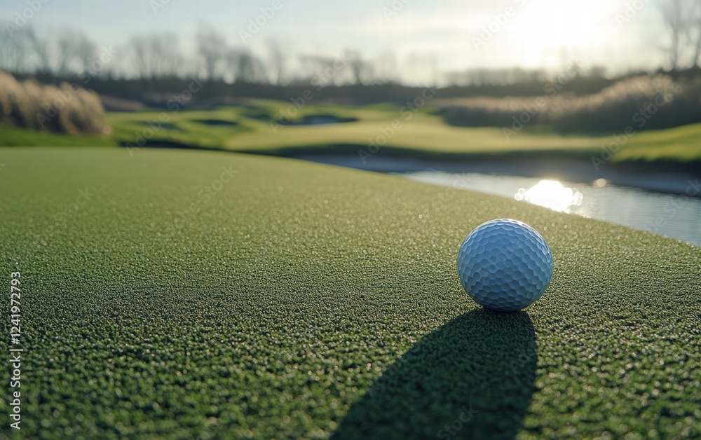 Golf ball rests near the hole, bathed in golden morning light. A perfect putt awaits! Golf ball rests near the hole, bathed in golden morning light. A perfect putt awaits!