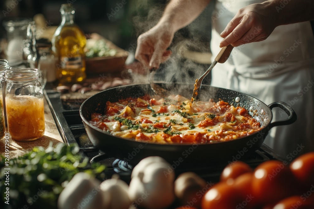 Chef cooking pasta in rustic kitchen Chef cooking pasta in rustic kitchen