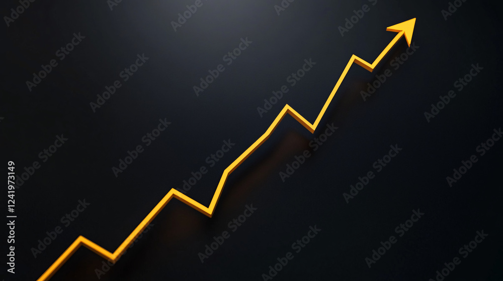 A bright yellow zigzagging arrow points upward on a dark background representing financial growth business success and increasing trends
A bright yellow zigzagging arrow points upward on a dark background representing financial growth business success and increasing trends