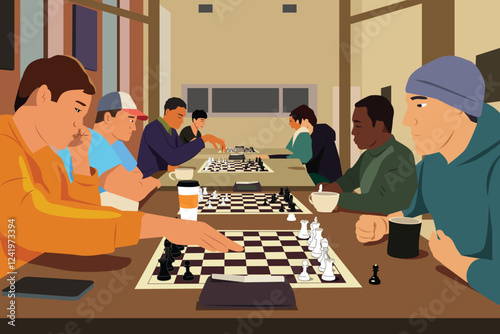 Teenagers Playing Chess in a Chess Club Vector Illustration