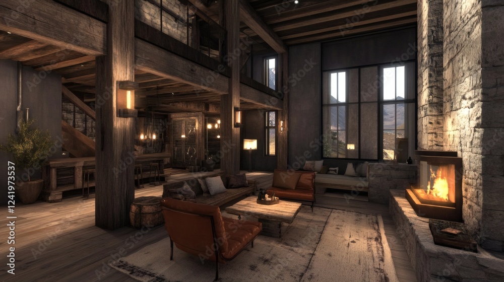 Luxurious Rustic Mountain Lodge Living Room with Fireplace and Loft Luxurious Rustic Mountain Lodge Living Room with Fireplace and Loft