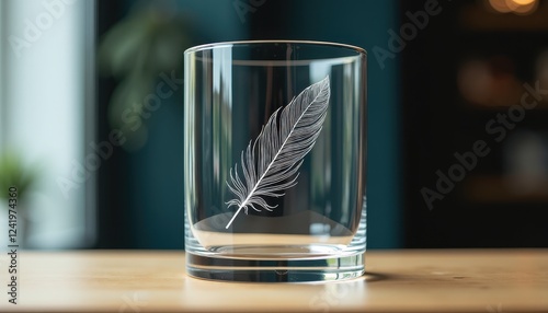 Detailed Feather Etching on Clear Glass Tumbler on Wooden Table  Blurred Background