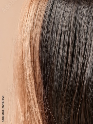Comparison of damaged hair strands and shiny healthy hair showcasing the contrast in texture and appearance. Generative AI