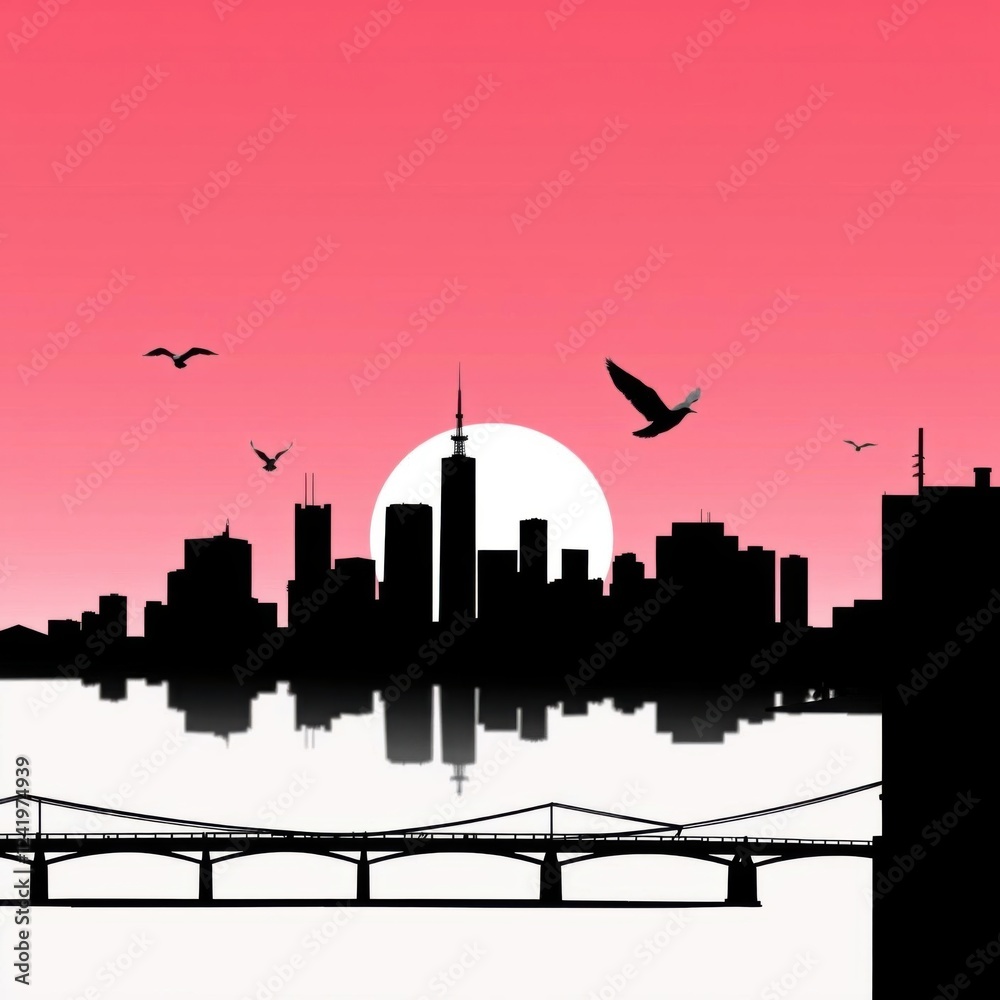 Obraz premium Silhouetted workers at a construction site during a vibrant sunset silhouetted skyline cityscape architecture illustration building city vector
