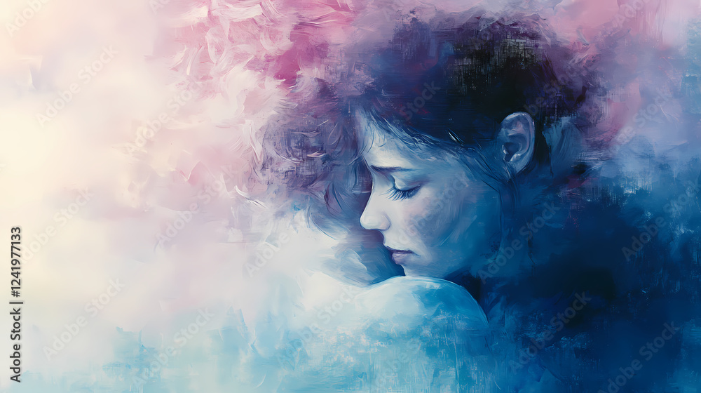 The soft colors and gentle embrace in this abstract portrait capture the essence of familial connection and emotional intimacy. Emotional Contrast. Illustration The soft colors and gentle embrace in this abstract portrait capture the essence of familial connection and emotional intimacy. Emotional Contrast. Illustration