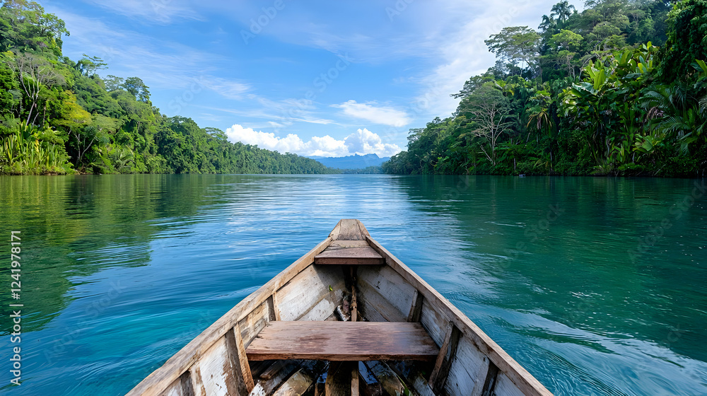 Obraz premium River boat journey through lush rainforest