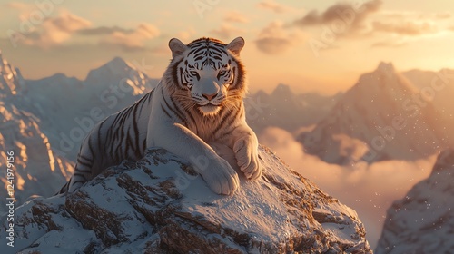 A majestic white tiger perched on a snow-covered mountain peak at sunrise, ethereal mist swirling around, no watermark, no brand, no copyright, cinematic lighting photo