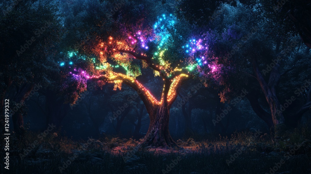 Enchanted tree illuminated with colorful lights in a dark forest Enchanted tree illuminated with colorful lights in a dark forest