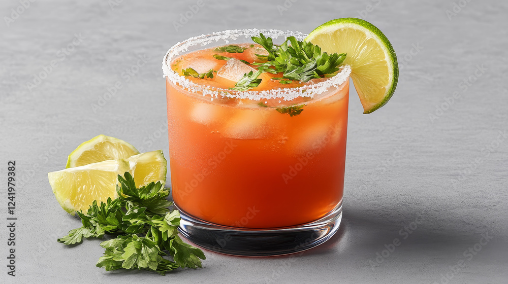 Fototapeta premium Enjoying a classic Caesar cocktail with a salted rim featuring rich tomato-clam broth and fresh garnishes on a rustic surface at a cozy gathering