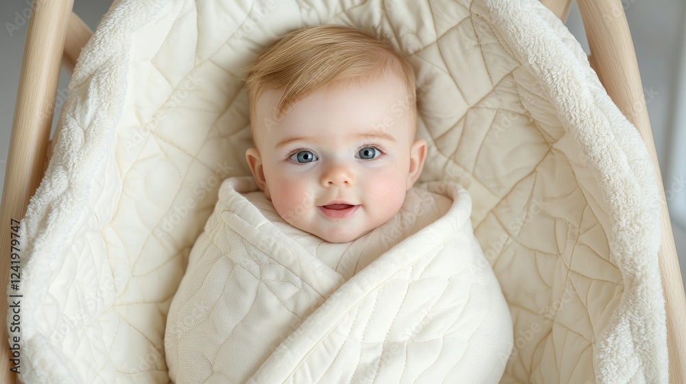 Happy baby in cream blanket, wooden swing, bright room Happy baby in cream blanket, wooden swing, bright room