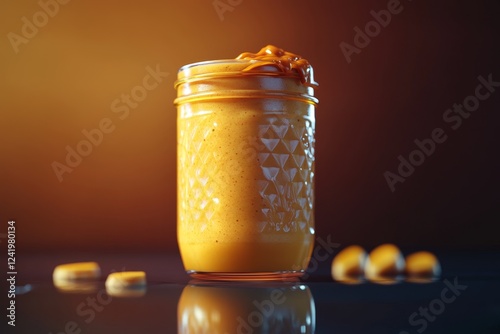 Creamy peanut butter smoothie in jar photo