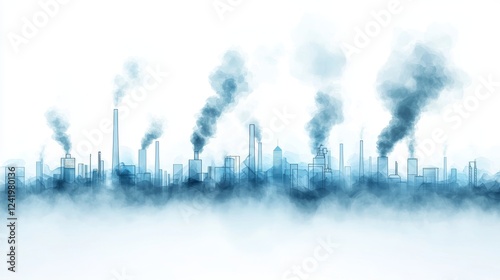 industrial landscape with smokestacks, thick smoke clouds, bleak pollution imagery, concept art style, isolated on white background
