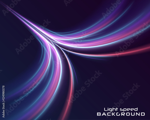 Low-poly construction of fine lines. Abstract long exposure dynamic speed light trails background. Bright glowing line of new technologies on dark background in neon colors.	