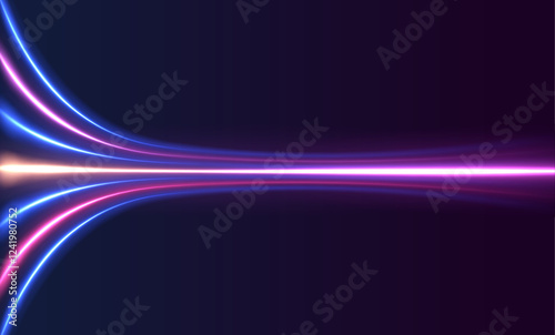 Abstract image of speed motion on the road. Dark blue abstract background with ultraviolet neon glow, blurry light lines, waves. Expressway, car headlight effect.	