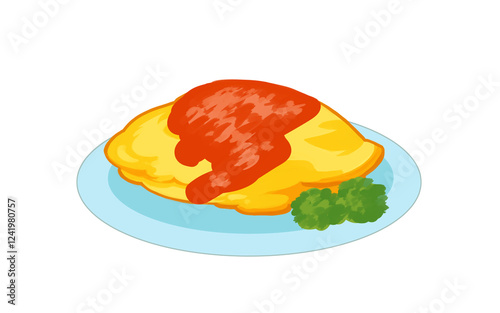 Japanese Omurice with Broccoli - Hand Painted Food Illustration