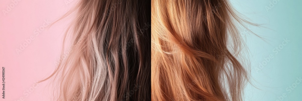 Comparison of dull damaged hair versus shiny healthy hair strands showcasing hair care differences. Generative AI Comparison of dull damaged hair versus shiny healthy hair strands showcasing hair care differences. Generative AI