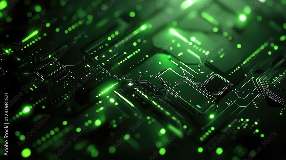 High-Tech Green Circuit Board with Glowing Elements and Intricate Patterns, Showcasing Modern Electronic Components in a Sophisticated Design High-Tech Green Circuit Board with Glowing Elements and Intricate Patterns, Showcasing Modern Electronic Components in a Sophisticated Design