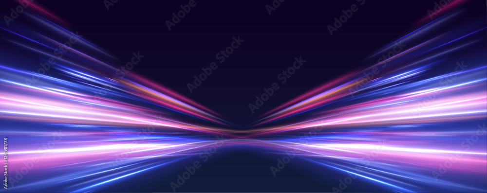 Naklejka premium Bright glowing line of new technologies on dark background in neon colors. Ponomatic neon vector illustration in sporty style of futuristic technologies.