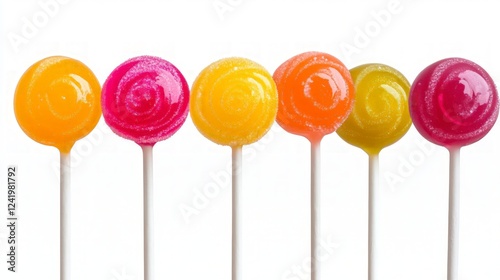 Colorful Swirled Lollipops in a Row on a White Background