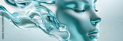 A futuristic female face blending seamlessly with fluid, metallic-like waves. This digital artwork represents technology, beauty, and innovation in a surreal and abstract style.