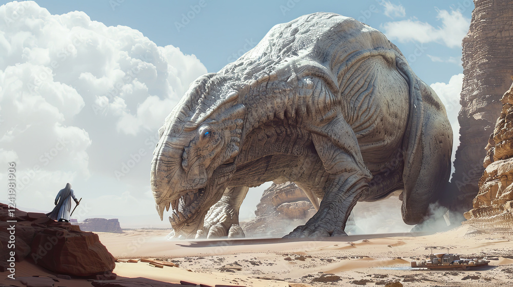 Fototapeta premium Gigantic creature in a game scenario fighting a hero character.