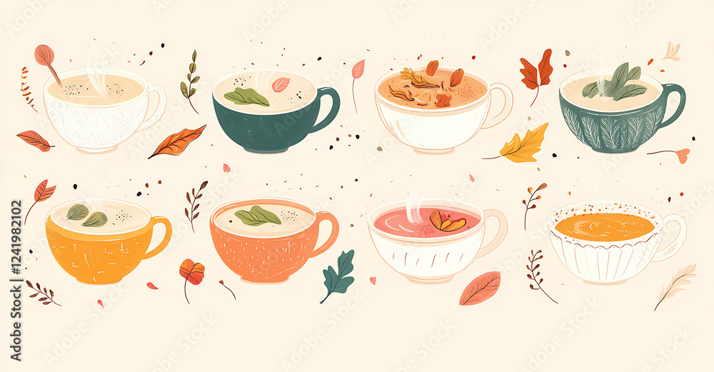Set of autumn-themed soup bowls in different designs, vector illustration, flat design style, pastel colors, detailed illustrations, clip art set, cute and colorful Set of autumn-themed soup bowls in different designs, vector illustration, flat design style, pastel colors, detailed illustrations, clip art set, cute and colorful