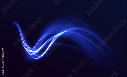 Abstract image of speed motion on the road. Dark blue abstract background with ultraviolet neon glow, blurry light lines, waves. Expressway, car headlight effect.	
