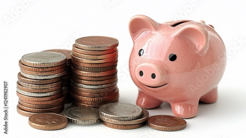 A pink piggy bank surrounded by stacks of coins, symbolizing savings and financial planning (1) photo