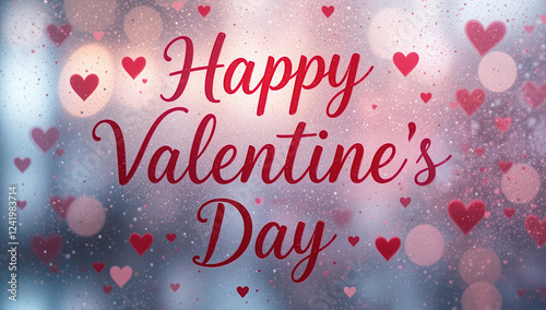 Valentines day background with heart pattern and typography of Happy valentine's Day text. Inscription on a frozen window pane..