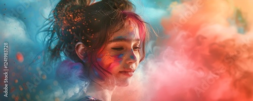 Woman surrounded by vibrant color powder during Holi festival celebration. Joyful expression amidst colorful smoke and sparkles. Artistic portrait for Indian culture, diversity, and spring events. photo