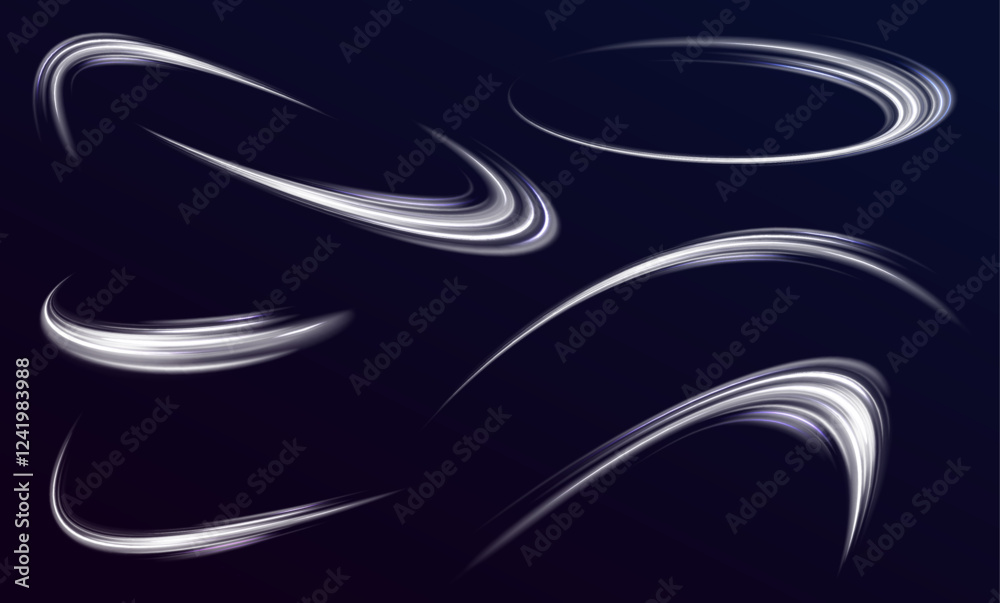 Set of glowing ellipses in speed shape. Imitation of the exit of cold air from the air conditioner. Curved light effect of white bright sparkling motion wave. Dynamic white spiral, vortex or blizzard.