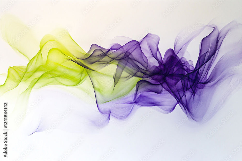 Abstract swirling ribbons of green and yellow smoke, flowing elegantly against a bright white background Abstract swirling ribbons of green and yellow smoke, flowing elegantly against a bright white background