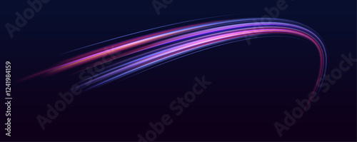 Creative vector illustration of flying cosmic meteor, planetoid, comet, fireball isolated on transparent background. Neon color glowing lines background, high-speed light trails effect.