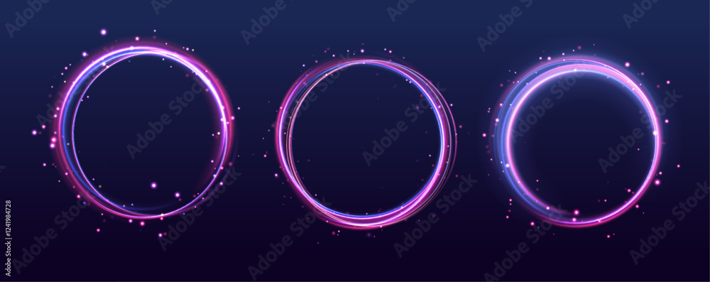 Set of neon blurry light circles at motion . Vector swirl trail effect. Abstract vector fire circles, sparkling swirls and energy light spiral frames.	