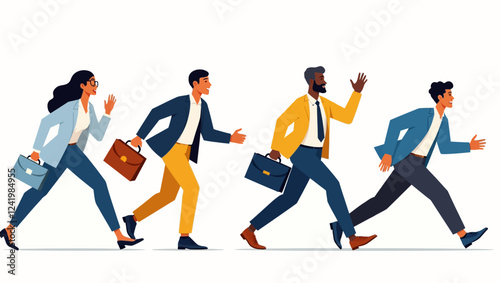 Diverse business people walking. Side view of happy men and women entrepreneurs or office employees rushing to work or business meeting. Flat vector illustration set isolated on white background