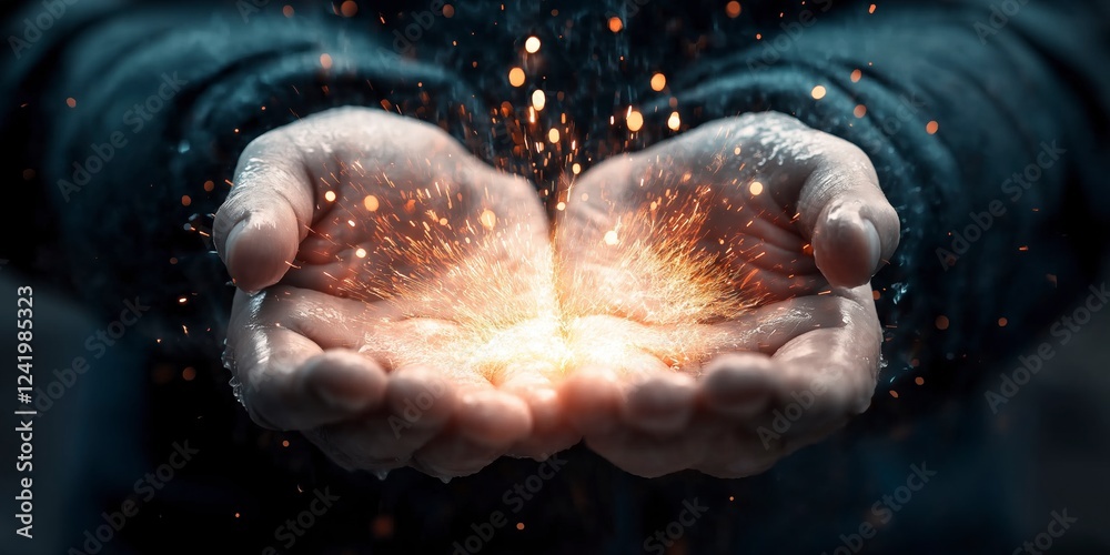 Hands gently releasing sparks of light against a dark and mysterious background during a moment of creative inspiration. Generative AI Hands gently releasing sparks of light against a dark and mysterious background during a moment of creative inspiration. Generative AI