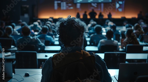Real life university classroom with professor in front explaining and students sitting with their computers concentrating on class