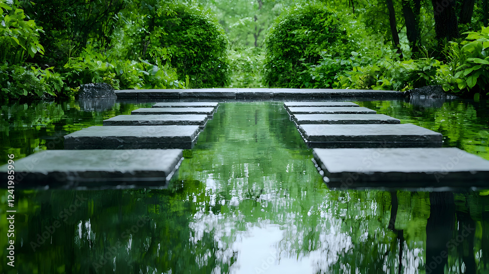 Serene garden path, water reflections, lush greenery, peaceful landscape, meditation Serene garden path, water reflections, lush greenery, peaceful landscape, meditation