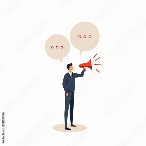 Communications or public relations manager holding speech bubbles while talking through megaphone for public relations manager to announce company information and media, sales or promotion concept.